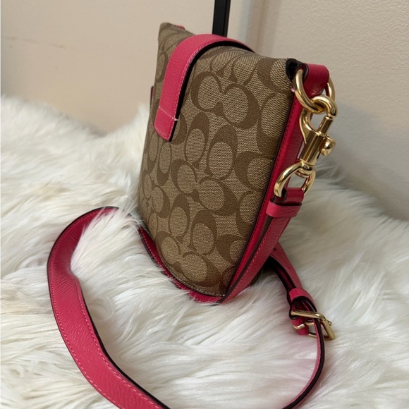Coach c2817 Addie Crossbody In Signature Canvas Khaki Fuschia Org $328 - Picture 9 of 13